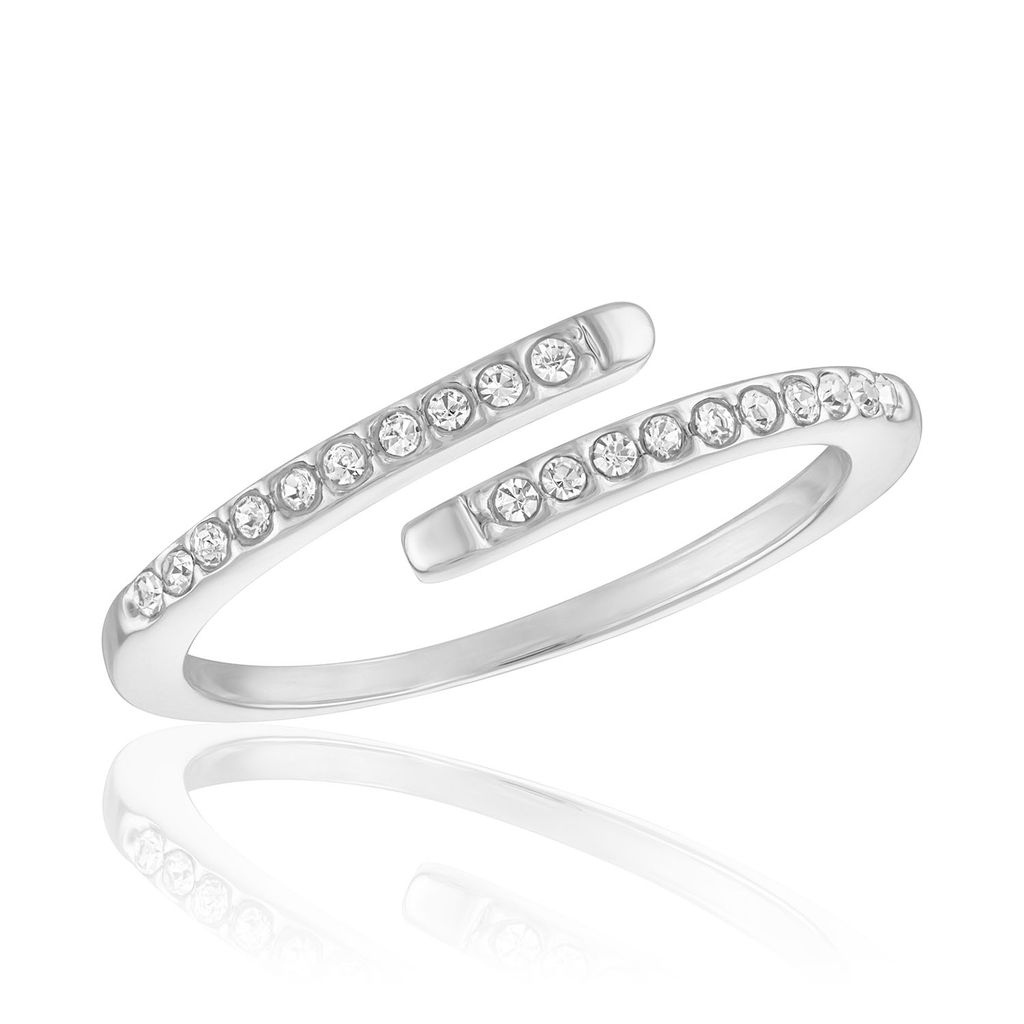 Silver wrap stack ring with a bypass design featuring a row of round-cut cubic zirconia stones.