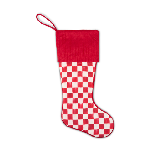 Red and white checkered Christmas stocking with a solid red cuff and hanging loop.