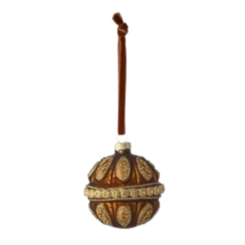 2.5-inch brown glass ball ornament with gold jewel accents and a velvet hanging ribbon.