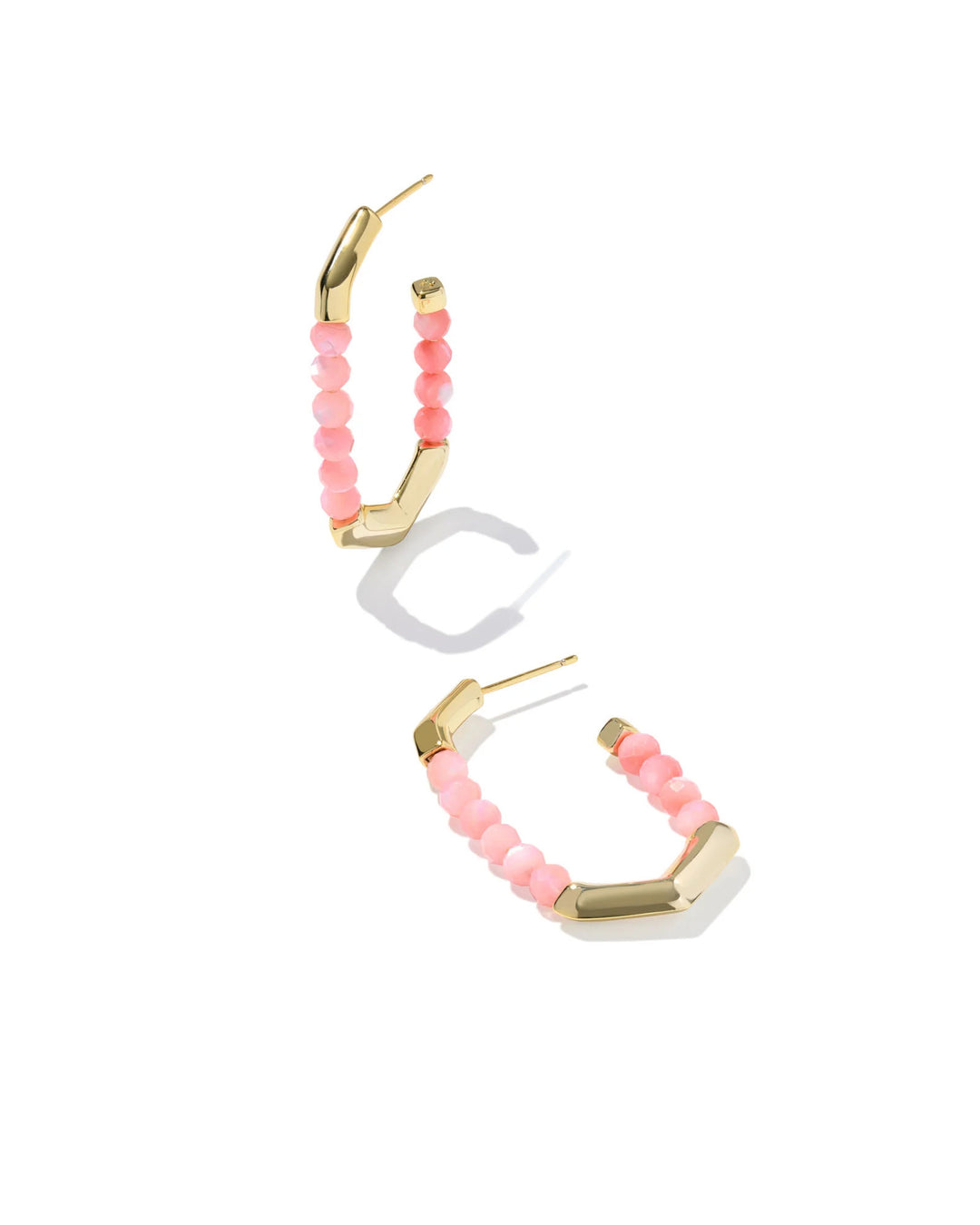 Sylvia Hoop Earrings featuring gold-tone geometric frames accented with pink beaded details.
