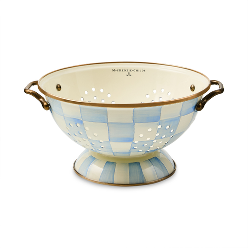 Hand-glazed steel large colander with hand-painted sky blue checks pattern on antiqued brass handles.