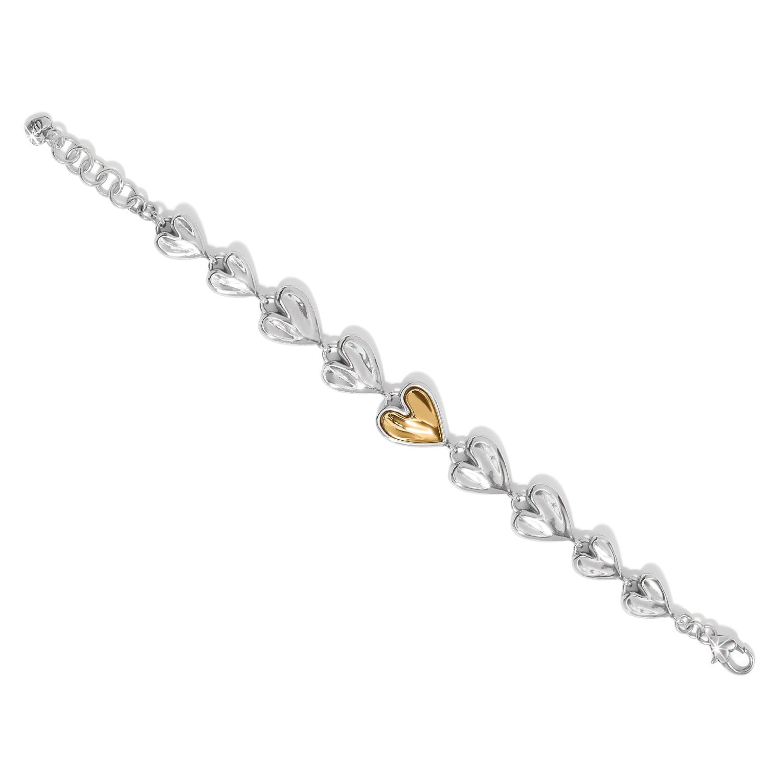 Cascade Heart Bracelet featuring silver heart links with a single gold-tone heart in the center.