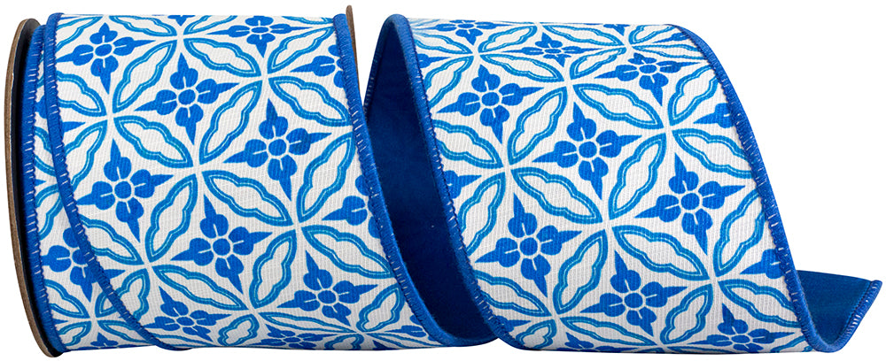 4 inch blue and white chinoiserie floral pattern wired edge ribbon with dupioni backing.