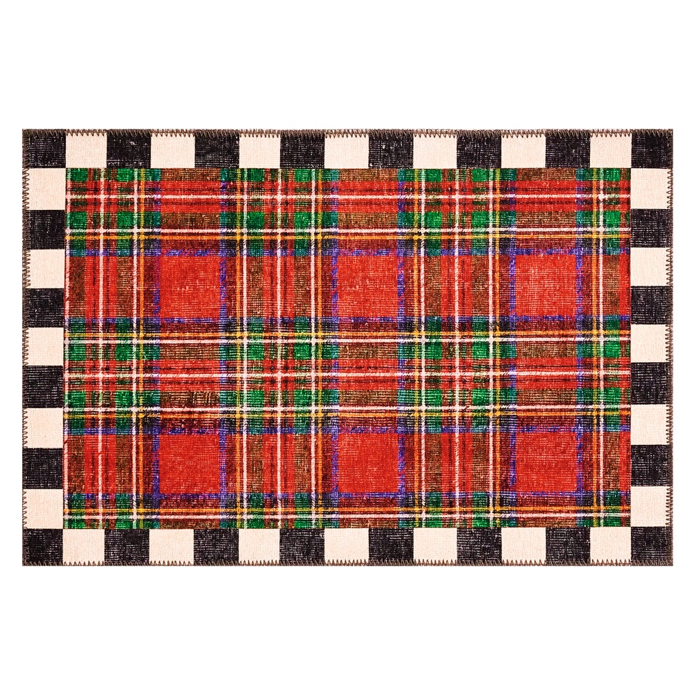 Royal Stewart tartan red washable rug with a traditional plaid pattern in polyester.