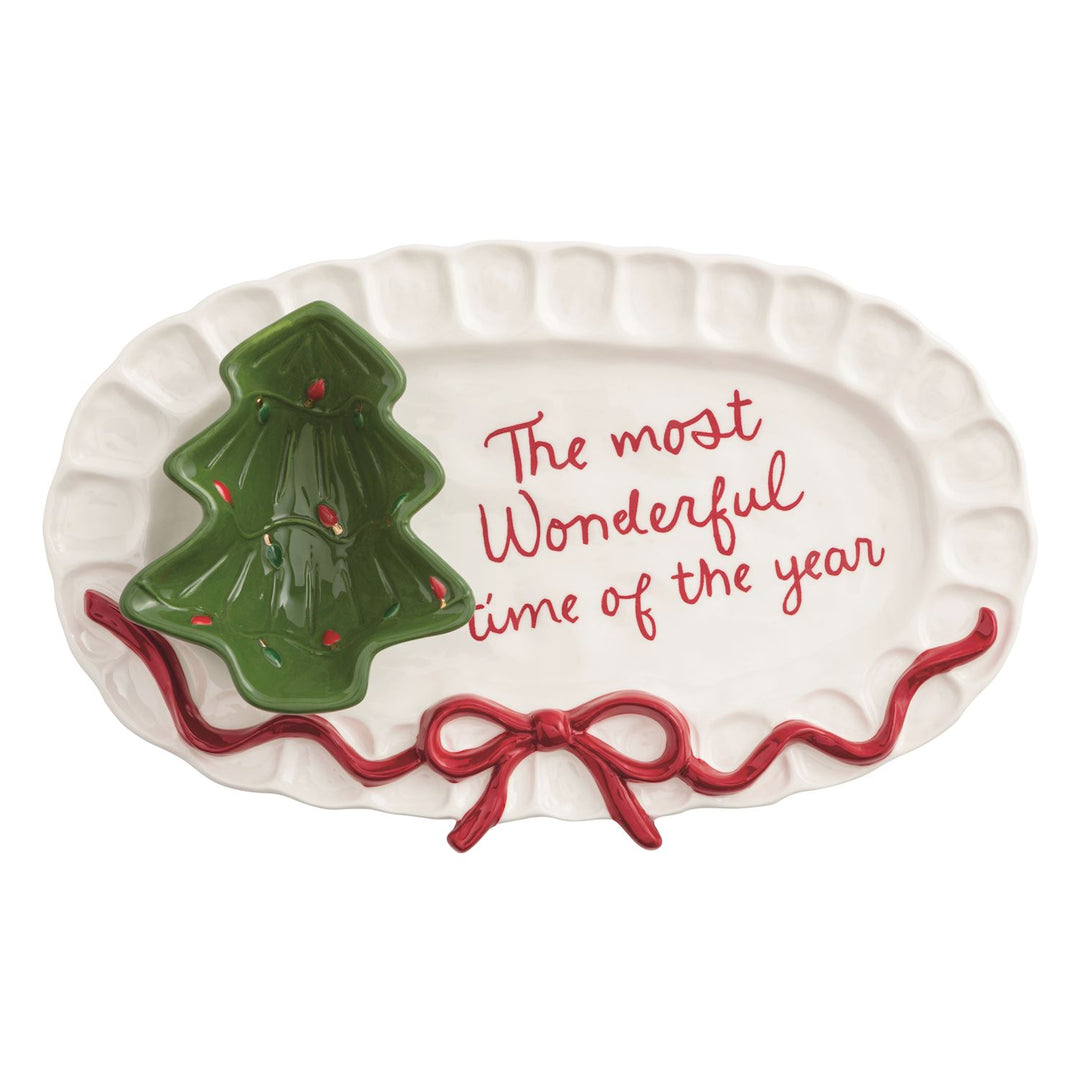 Stoneware Bow Tree platter with matching tidbit dish in earthy brown tones.