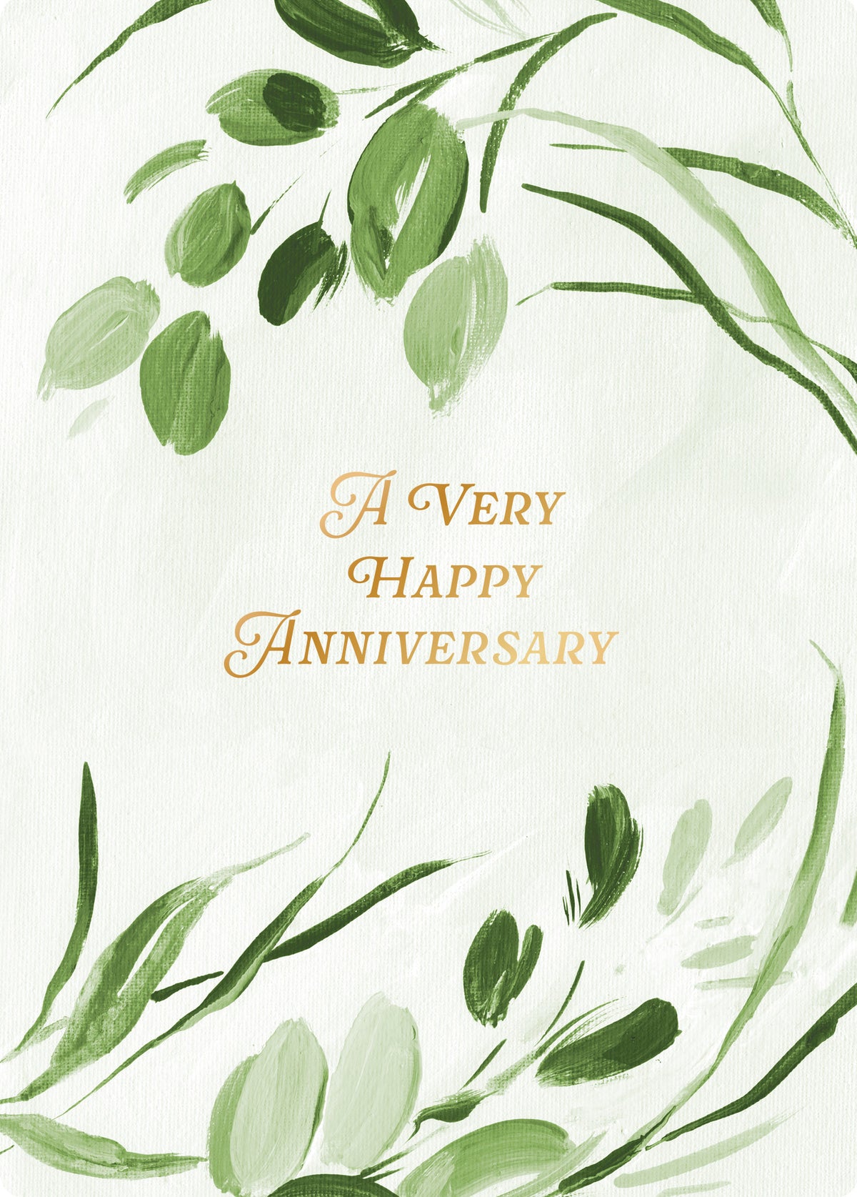 Blooming Anniversary card with green watercolor leaves and gold text on a textured white background.