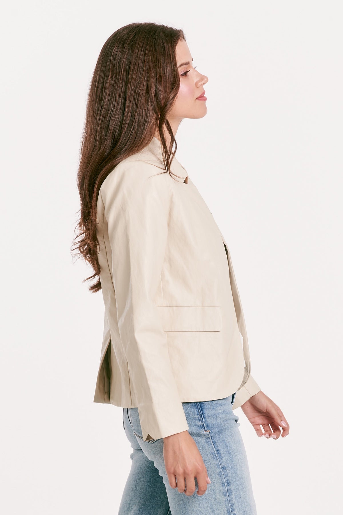 Jane Trinity vegan leather blazer jacket in black with a tailored fit.