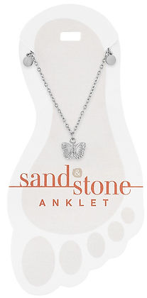 Silver butterfly dangle anklet on a foot-shaped display card by Sand & Stone.