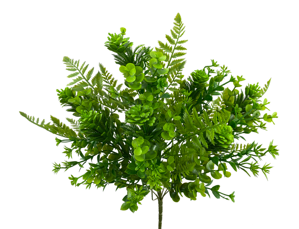 Plastic Eucalyptus Fern Mix Bush with green artificial foliage and textured leaves.