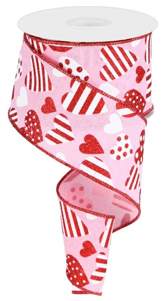 Light pink, white, and red heart-patterned royal blue polyester fabric roll measuring 2.5 inches wide by 10 yards long.