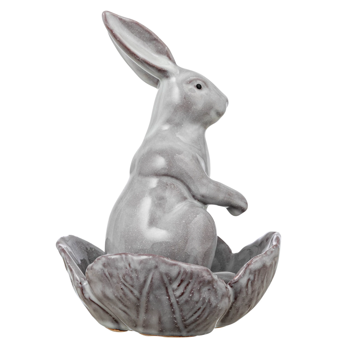 Stoneware rabbit figurine holding a flower-shaped bowl in neutral tones.