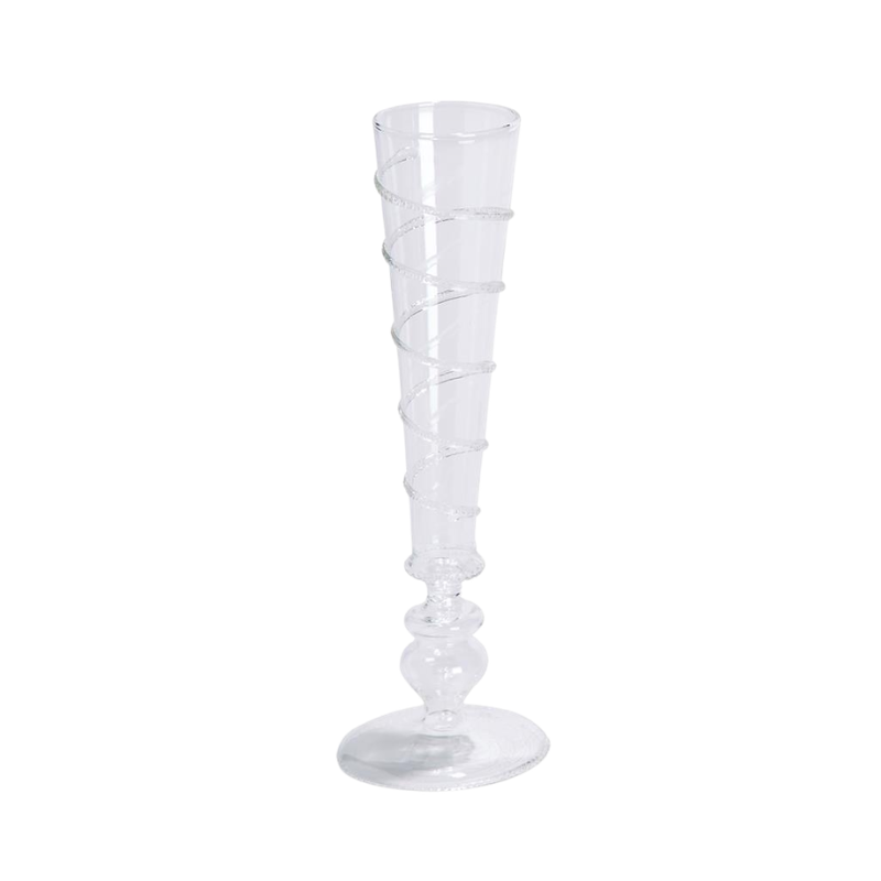 Hand-blown glass champagne flute with a spiral textured pattern and a decorative tiered stem.