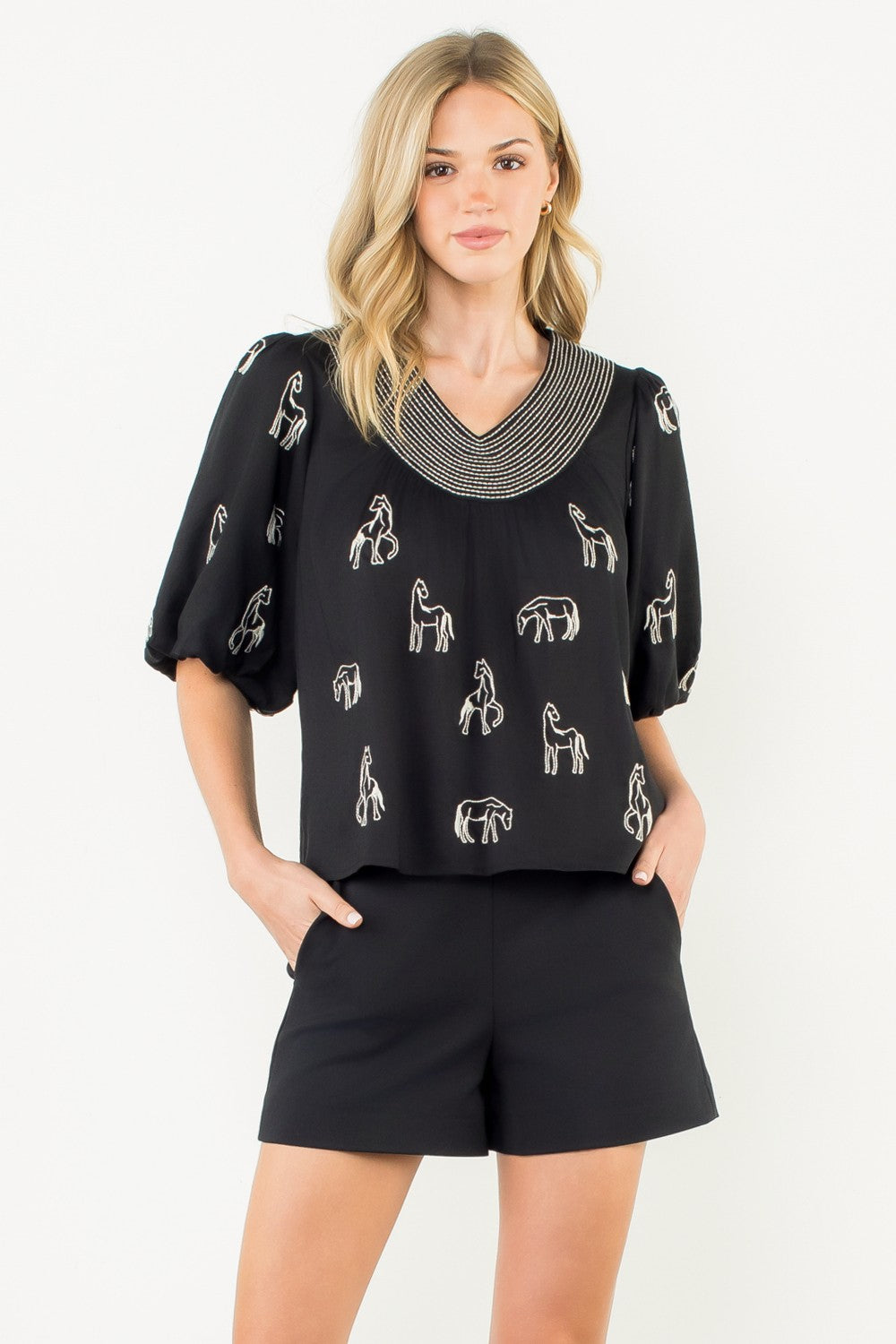 Abigail Embroidered Horse Puff Sleeve Top