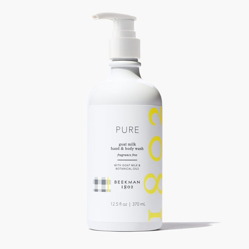 Beekman 1802 Pure Goat Milk Hand & Body Wash in a 12.5 fl oz white pump bottle.
