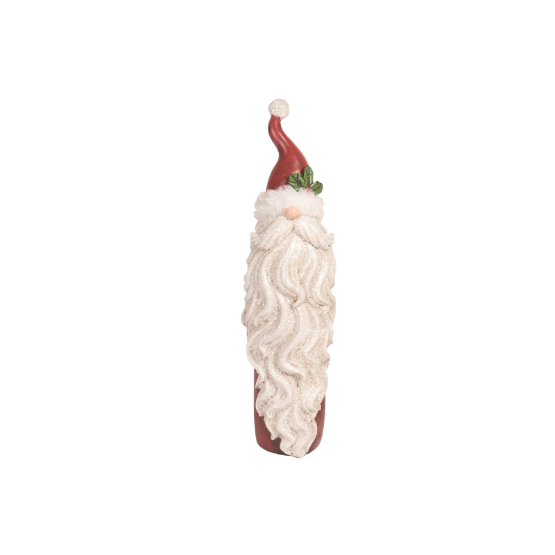 Slim resin Santa figurine with a long, wavy white glittery beard and a tall red hat.