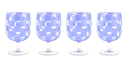 Set of four purple checkered acrylic water goblets with clear stems and bases.