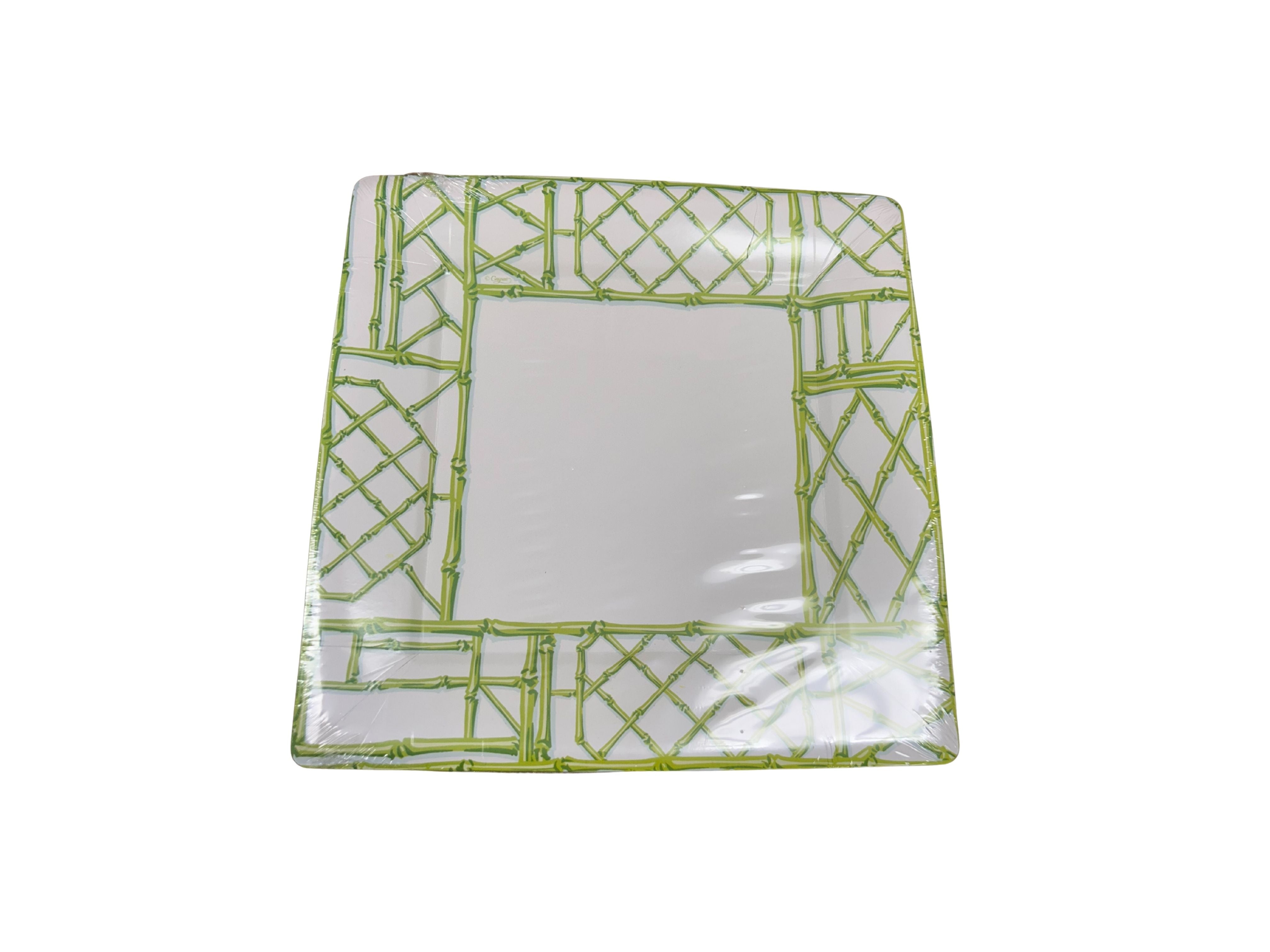 Square bamboo paper dinner plate in moss green with a subtle textured finish