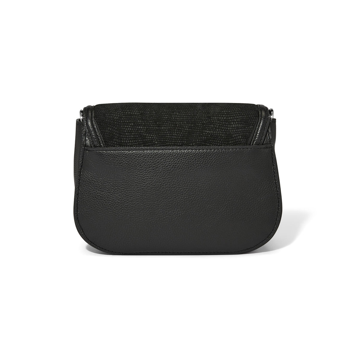 Back view of the Everbloom Noir Arlo Flap Cross Body Bag in black pebbled and embossed leather.