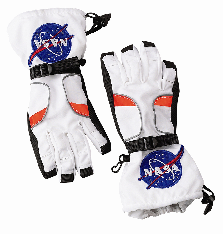 White astronaut gloves for kids featuring the NASA logo, black straps, and orange accents.