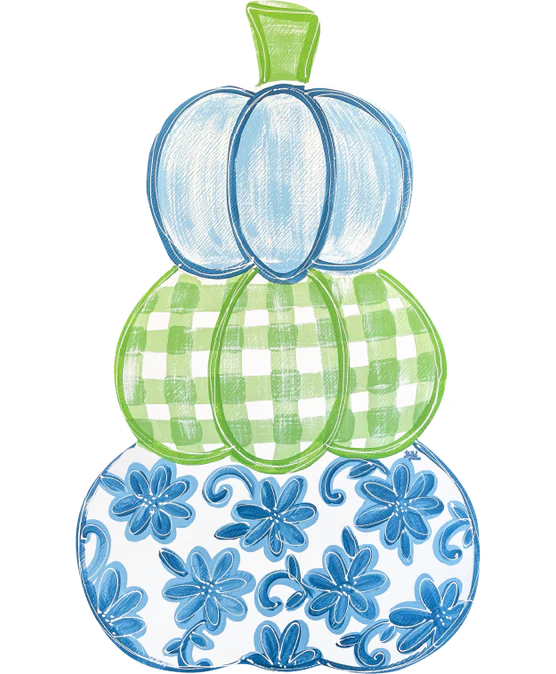Door Hanger Green and Blue Wood Stacked Pumpkins With Flowers