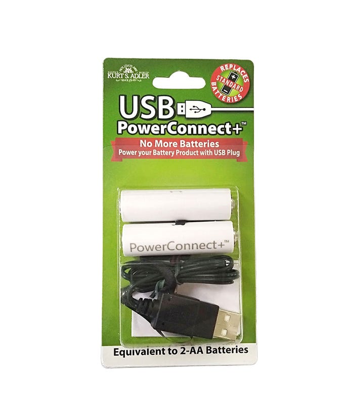 Kurt S. Adler USB PowerConnect+ converter kit equivalent to 2 AA batteries with USB plug and cable.