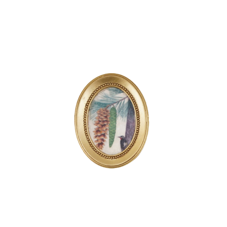 Oval gold-framed resin magnet featuring a vintage illustration of pinecones and a small bird.