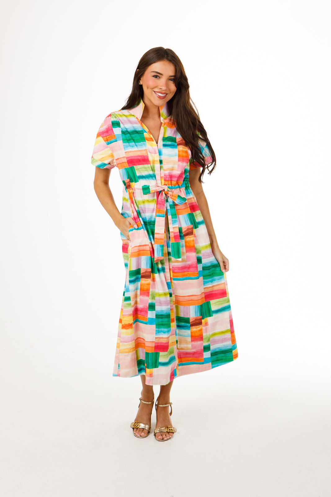 Bria Dress: Colorful geometric print midi shirt dress with short sleeves, tie waist, and pockets.