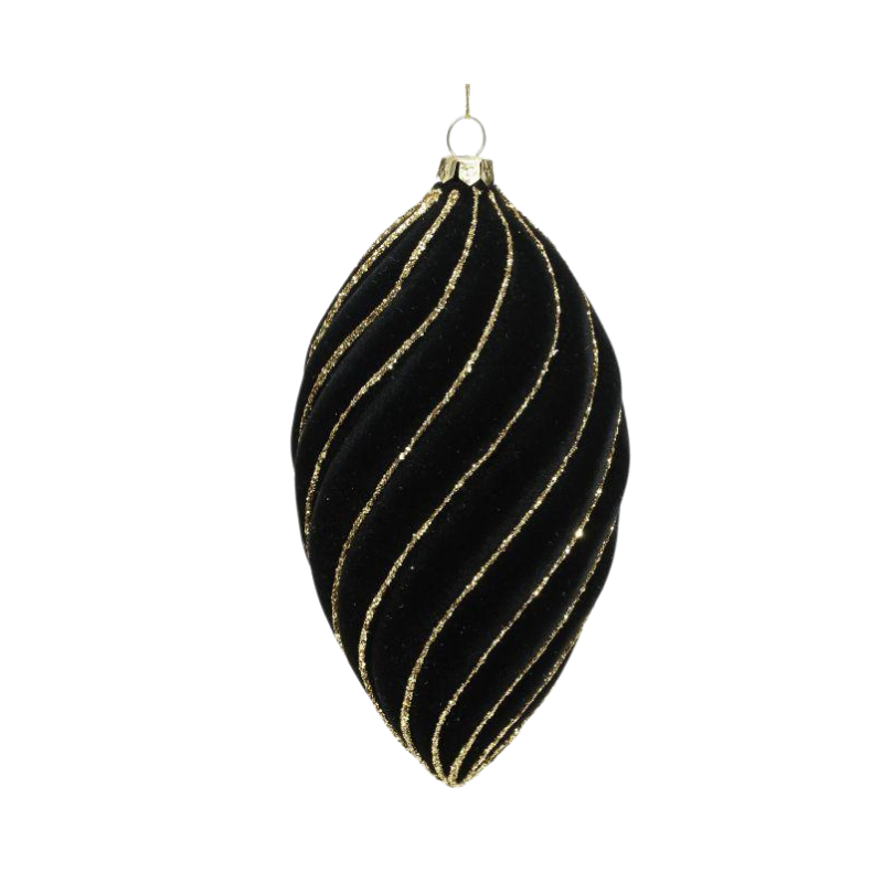 Black flocked teardrop ornament with gold glitter spiral stripes and a silver hanging loop.