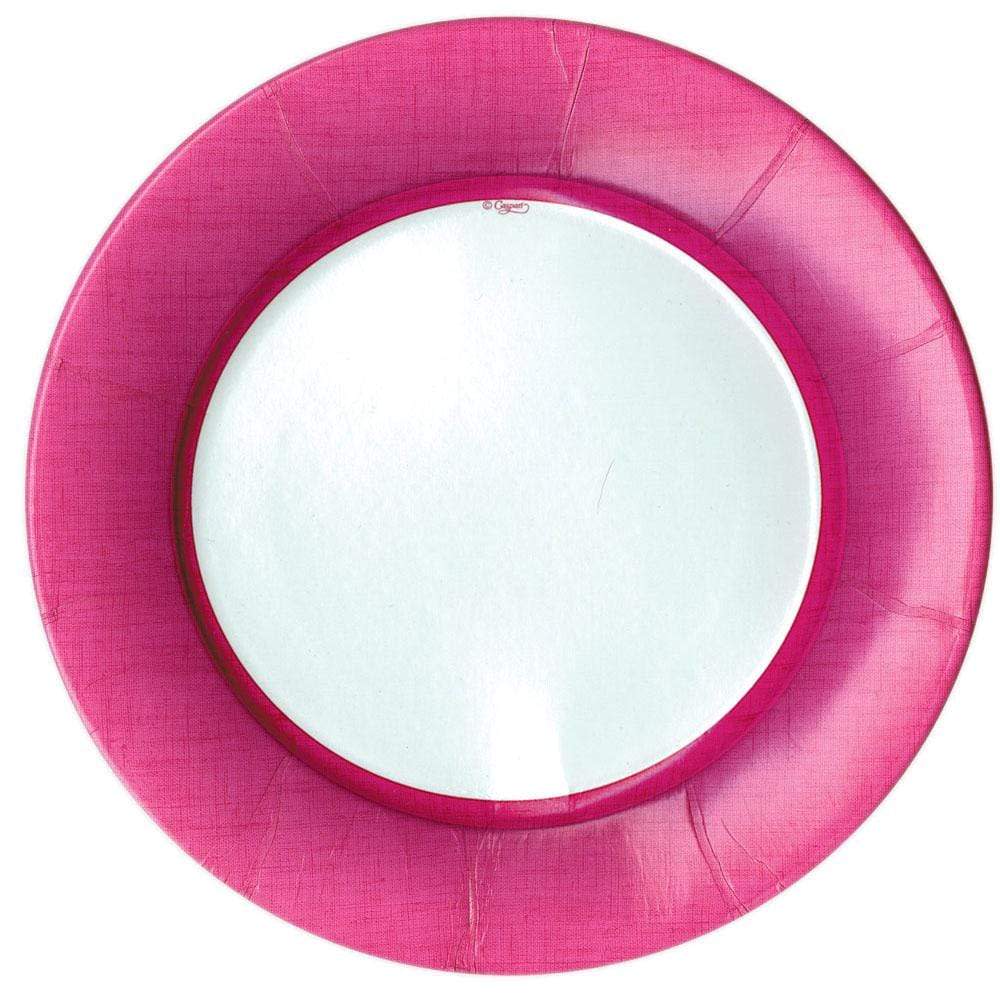 Round pink dinner plate with a white center and textured border.