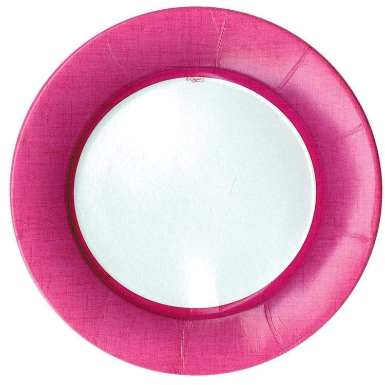 Round pink dinner plate with a white center and textured border.