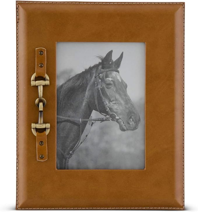 Tan leather photo frame with a gold horse bit accent and a black and white horse photograph.