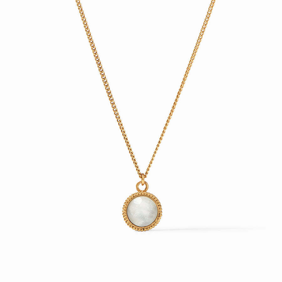 Fleur-De-Lis Solitaire Necklace featuring a gold chain and a round mother of pearl pendant.