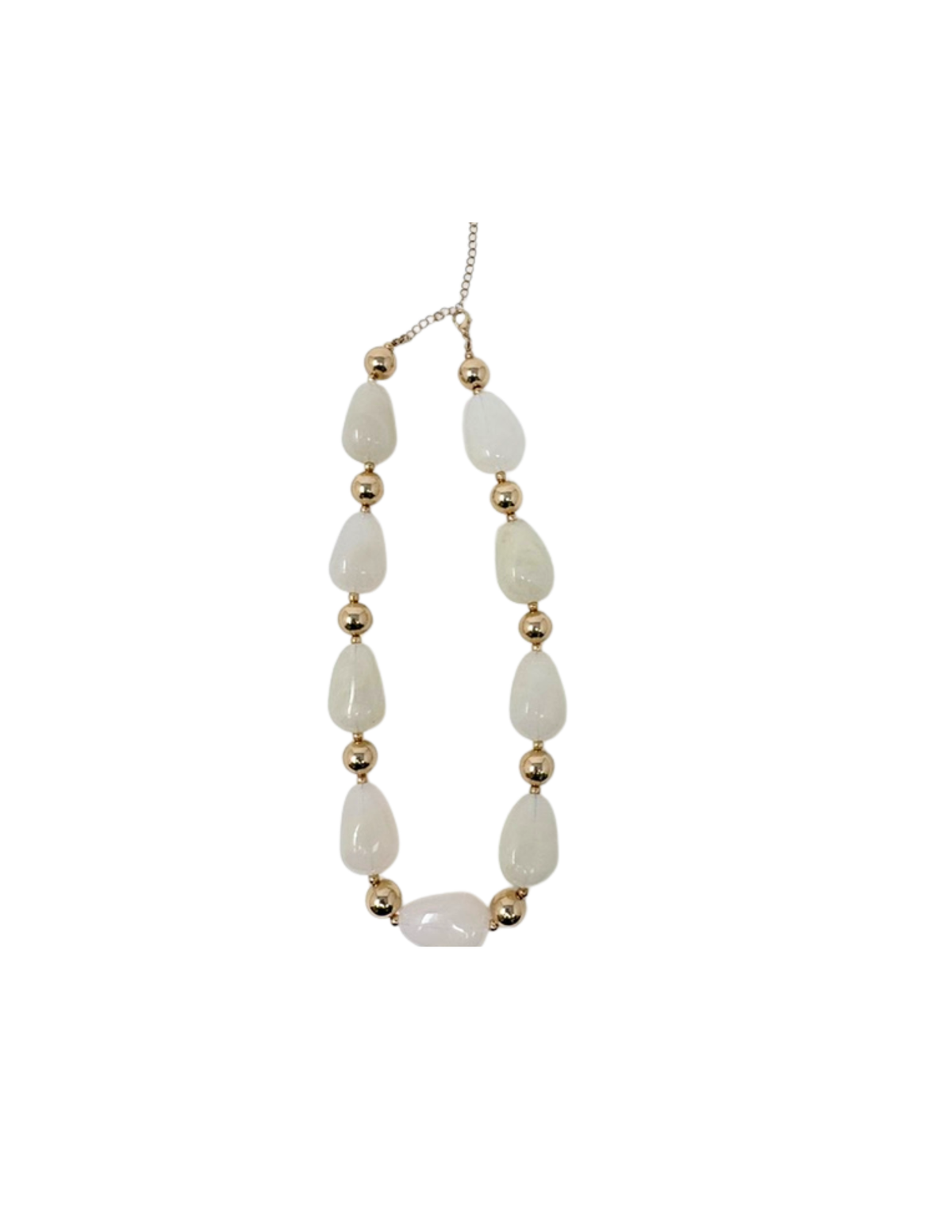 Acrylic Pebble Multi-Beaded Necklace with white pebble beads and gold metallic accents.