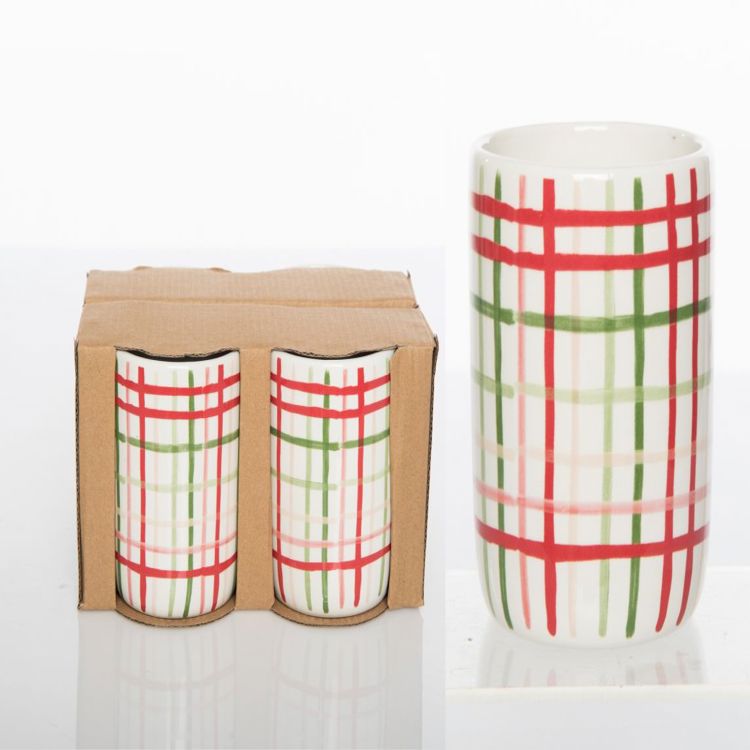 White ceramic tumbler with a red and green plaid pattern, shown individually and in a 2-pack box.