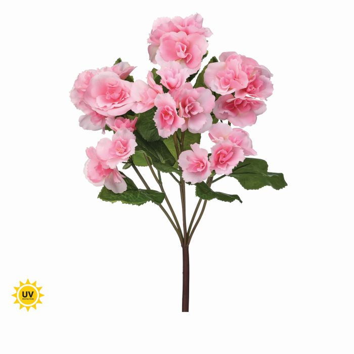 17-inch UV-protected pink Summer Reiger Begonia artificial plant with green leaves and brown stem.