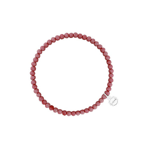 Stretchy beaded bracelet with faceted glass beads in a colorful pattern.