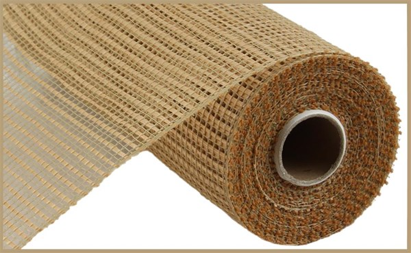 Roll of tan polypropylene mesh ribbon with horizontal wide stripes and a burlap texture.