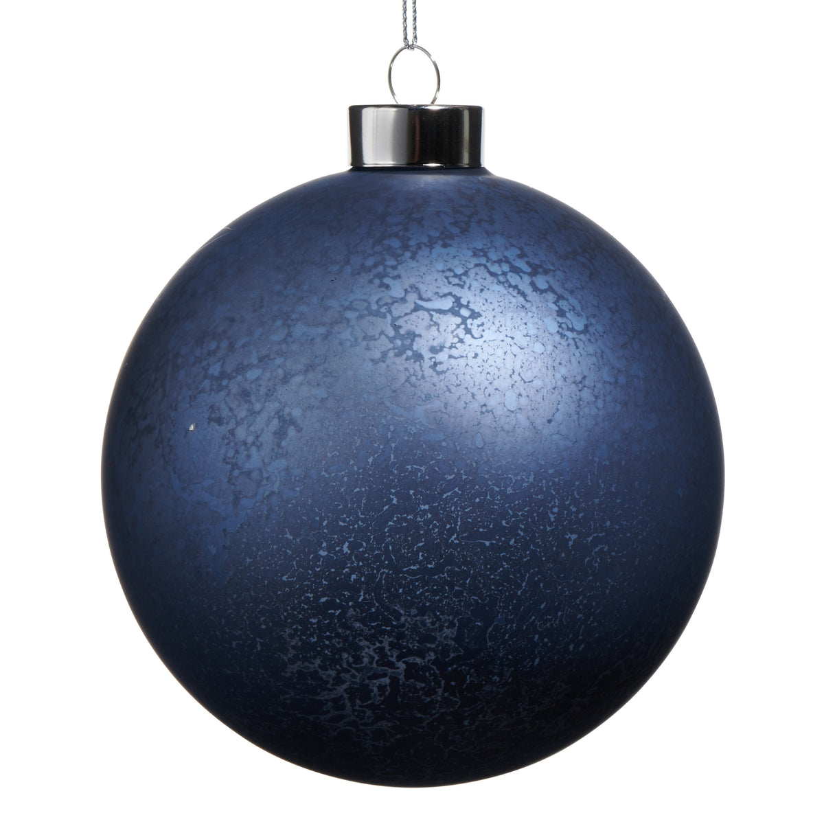 5-inch mercury blue glass ball Christmas ornament with silver cap and hanging loop.