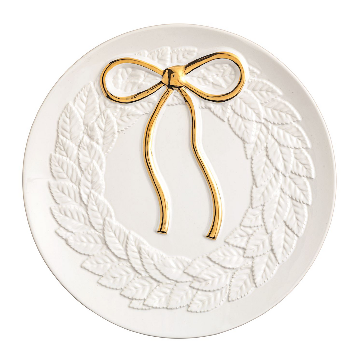 12-inch white stoneware cookie plate with a raised leaf wreath and a hand-painted gold bow.