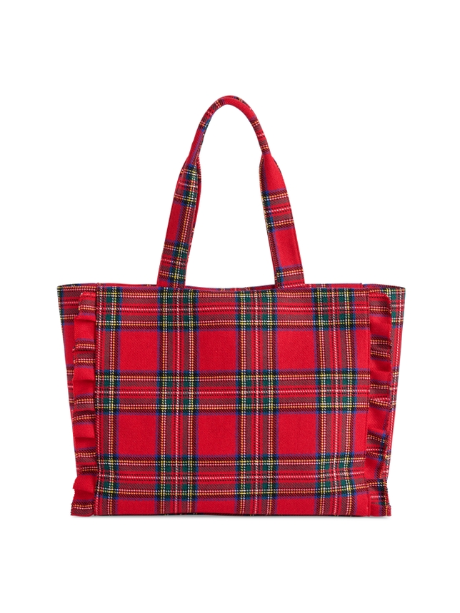Red plaid Scottie Ruffle Tote with two top handles and ruffled side details.
