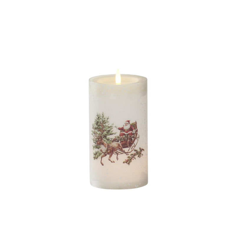 White glass LED pillar candle with a vintage illustration of Santa in a reindeer-drawn sleigh.