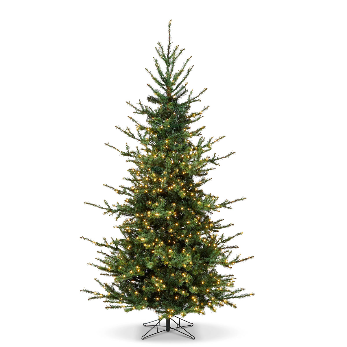 7.5' Rocky Mountain Spruce artificial Christmas tree with warm white LED lights on a metal stand.