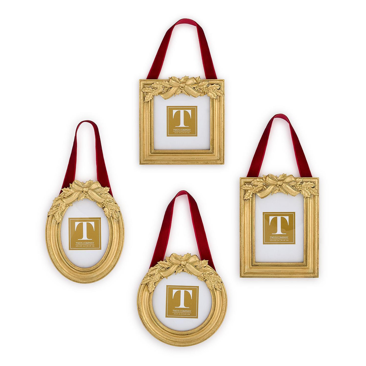 Set of four gold holly leaf hanging photo frames in oval, round, square, and rectangular shapes.