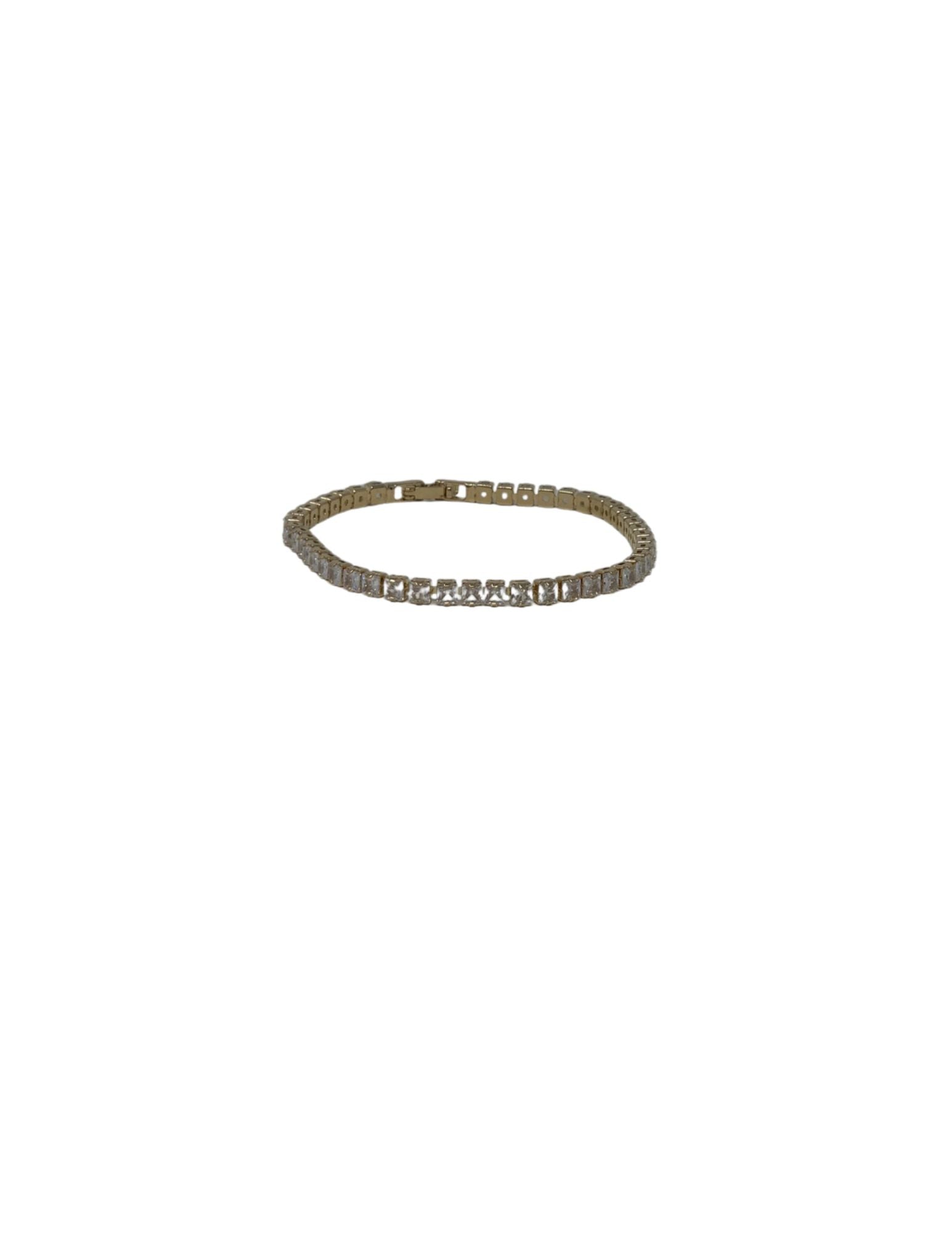 Gold tennis bracelet featuring a row of square-cut clear crystals with a secure clasp closure.