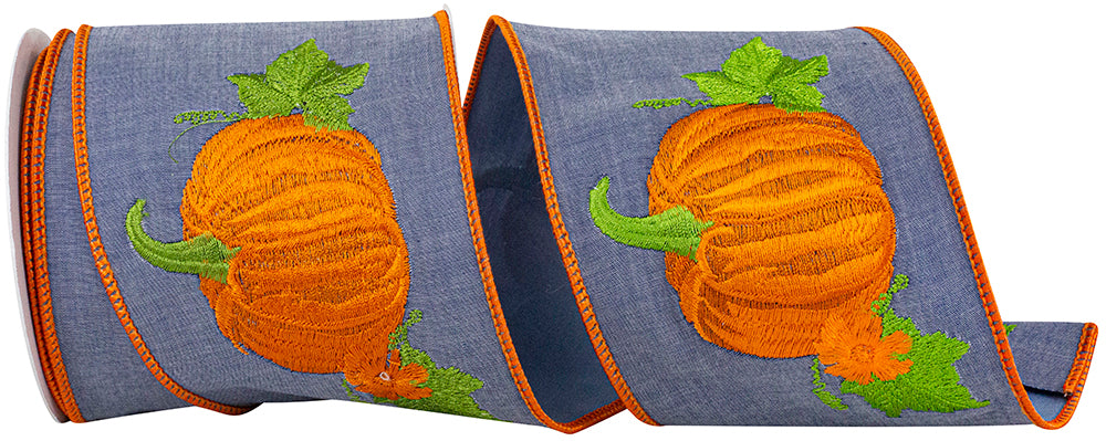 Deluxe wired edge denim ribbon in pumpkin orange with embroidered floral pattern