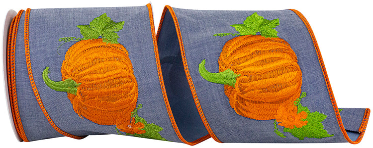 Deluxe wired edge denim ribbon in pumpkin orange with embroidered floral pattern