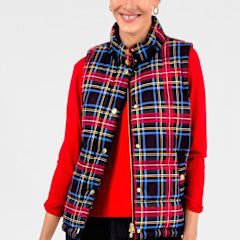 Stewart plaid puffer vest in goldtone with snap front closures and contrasting lining