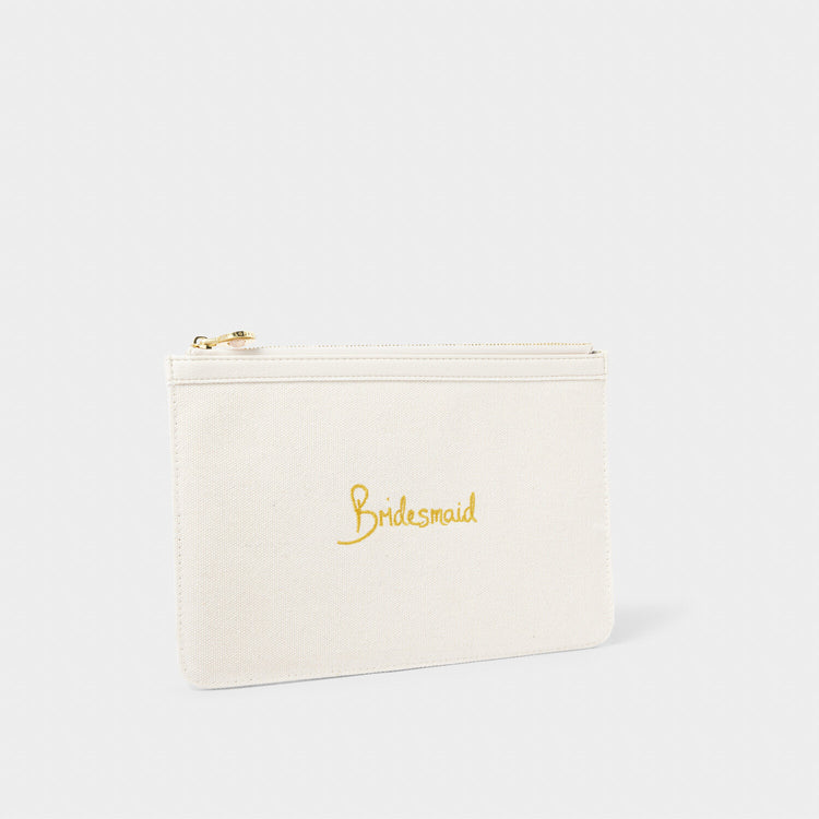 Off-white canvas pouch with gold 'Bridesmaid' embroidery and a gold-tone zipper.