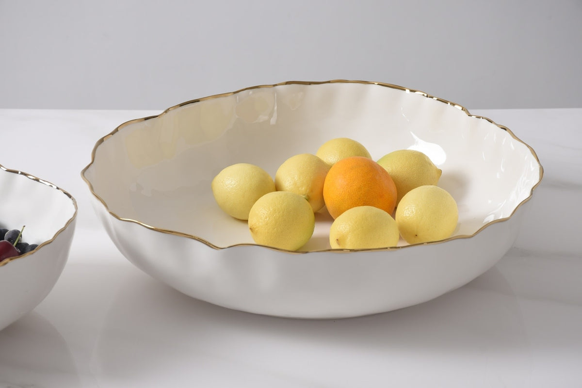 Extra large white porcelain shallow bowl with gold rim finish