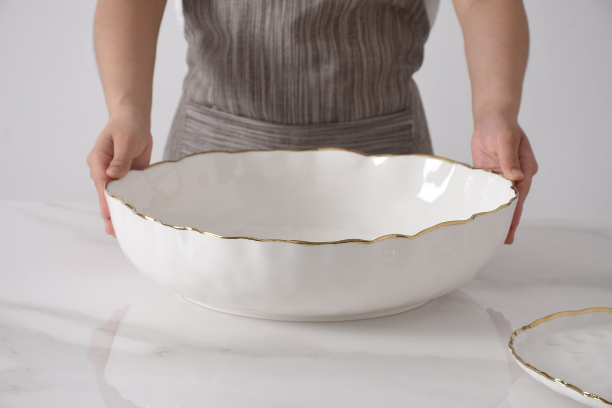 Extra large white porcelain shallow bowl with gold finish rim